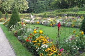 A garden with a variety of flowers and a pathway. - Holiday apartment with 3 bedrooms (Weißenstadt)