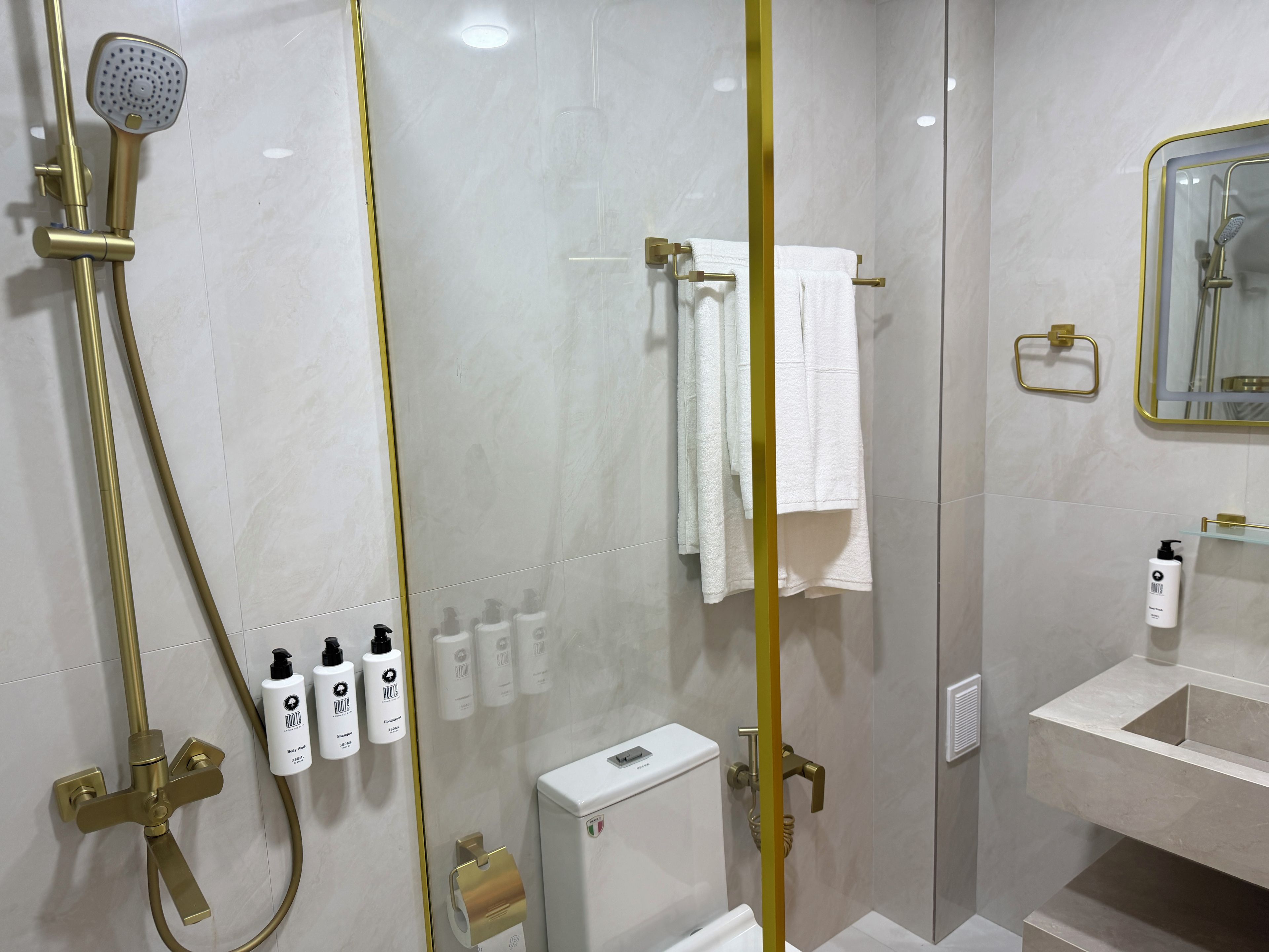 A modern bathroom with a glass-enclosed shower, a white sink, and a mirror with a gold frame.
