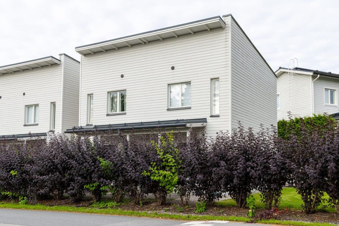 Kadun varrella on rivissä moderneja, valkoisia, kaksikerroksisia asuintaloja, joilla on yhtenäinen julkisivu ja jotka on asetettu suoraan riviin.