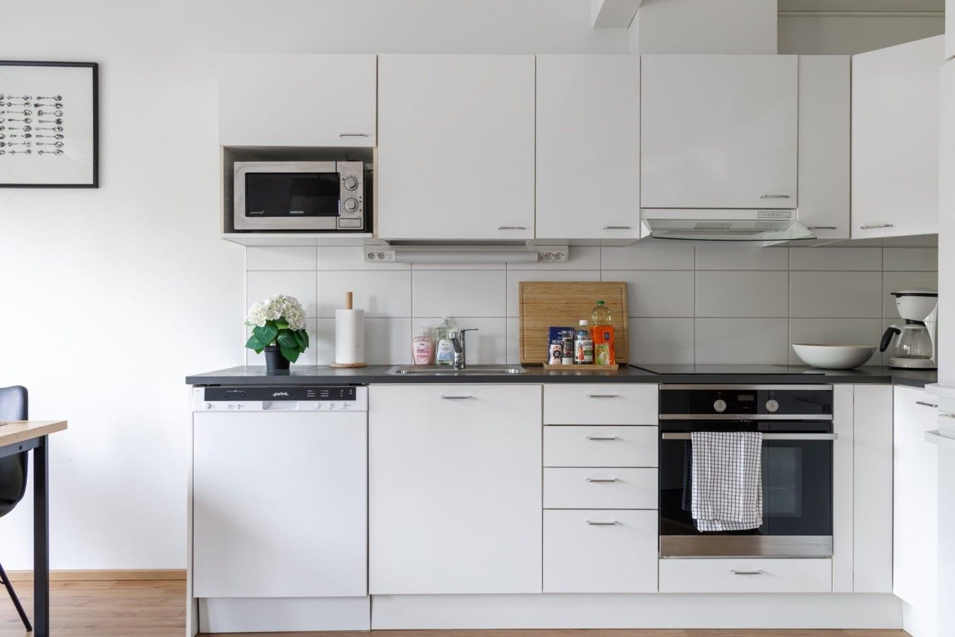 A modern kitchen with white cabinetry, a built-in microwave, a dishwasher, and an oven.
