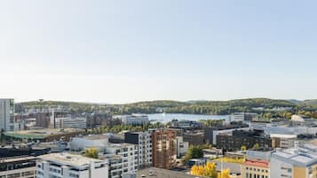 Kaupunkikuva, jossa on moderneja rakennuksia, vesialue ja taustalla metsäinen kukkula.