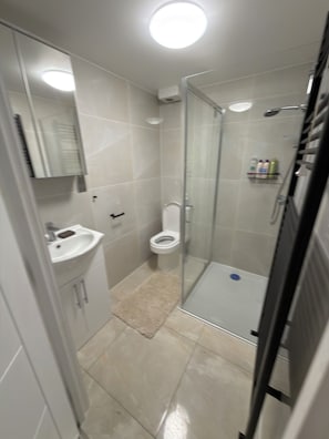 Een badkamer met toilet, wastafel en douchehoek.