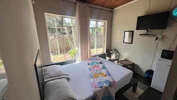A room with a bed, a desk, a television, and a window with a view of greenery.
