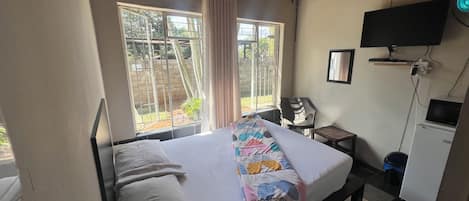 A room with a bed, a desk, a television, and a window with a view of greenery.