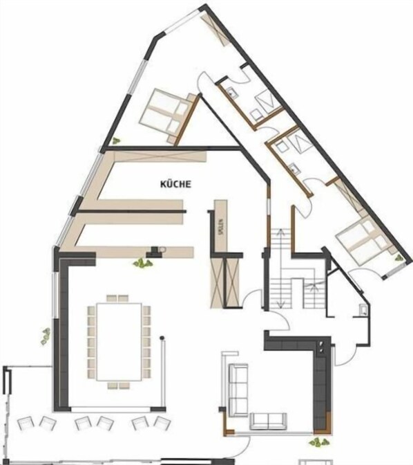 Een plattegrond van een hotel met een keuken, een eetkamer en meerdere slaapkamers.