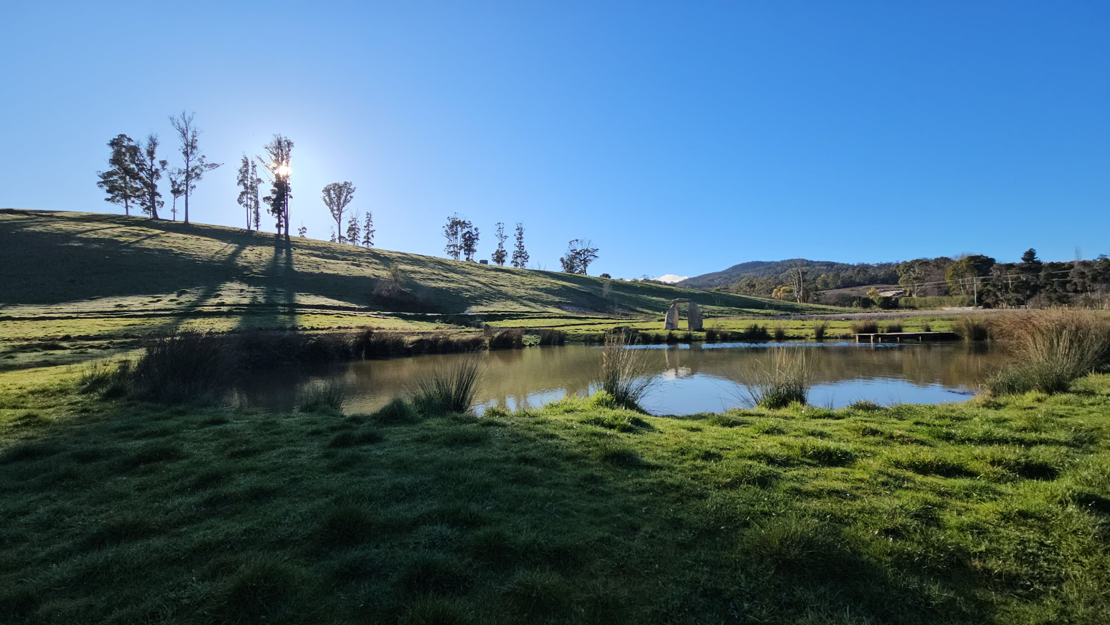 Eine friedliche Landschaft mit Teich, Wiesen und Bäumen unter blauem Himmel.
