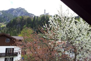 A residential area with a mountain backdrop, a white building with a balcony, and a tree with white blossoms. - 1 Country House Nina (Hohenschwangau)