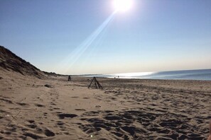 Ein Strand mit Fußspuren, die zum Wasser führen, ein klarer Himmel und eine helle Sonne.