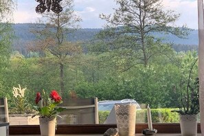 A window with a view of a forested area and a mountain range. - by the lake with views of the lake and the Bavarian Forest (Arrach\/ Kummersdorf)