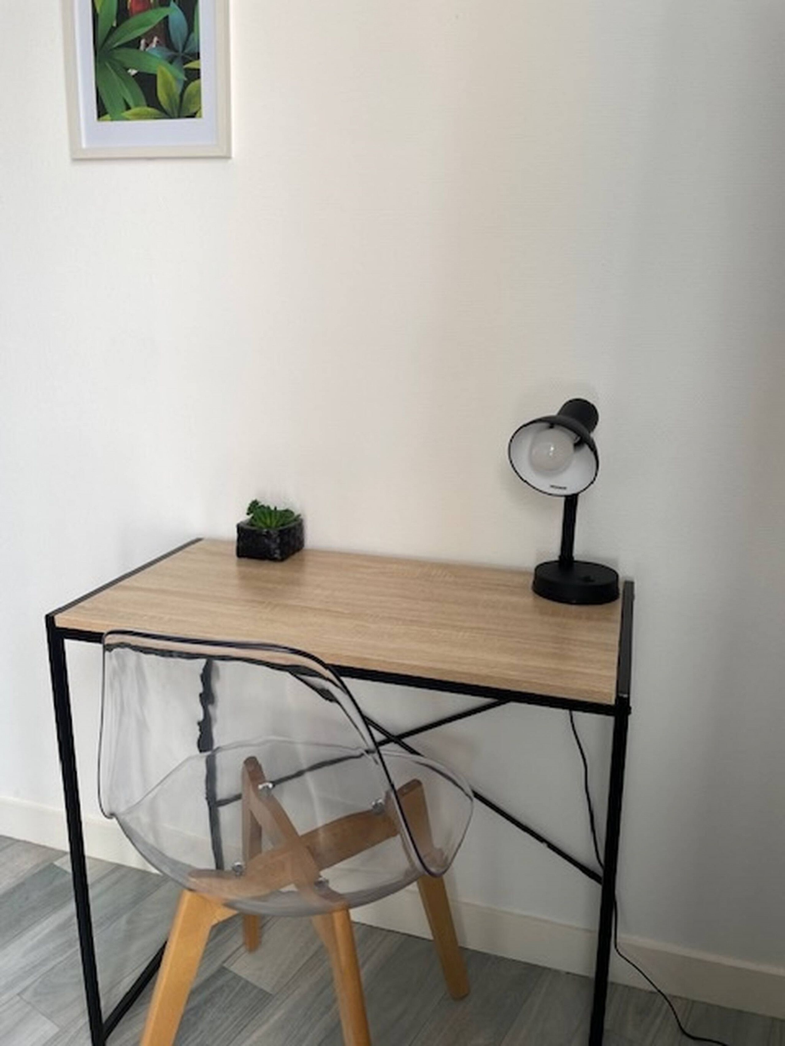 Un escritorio con una silla transparente, una planta pequeña y una lámpara de escritorio.