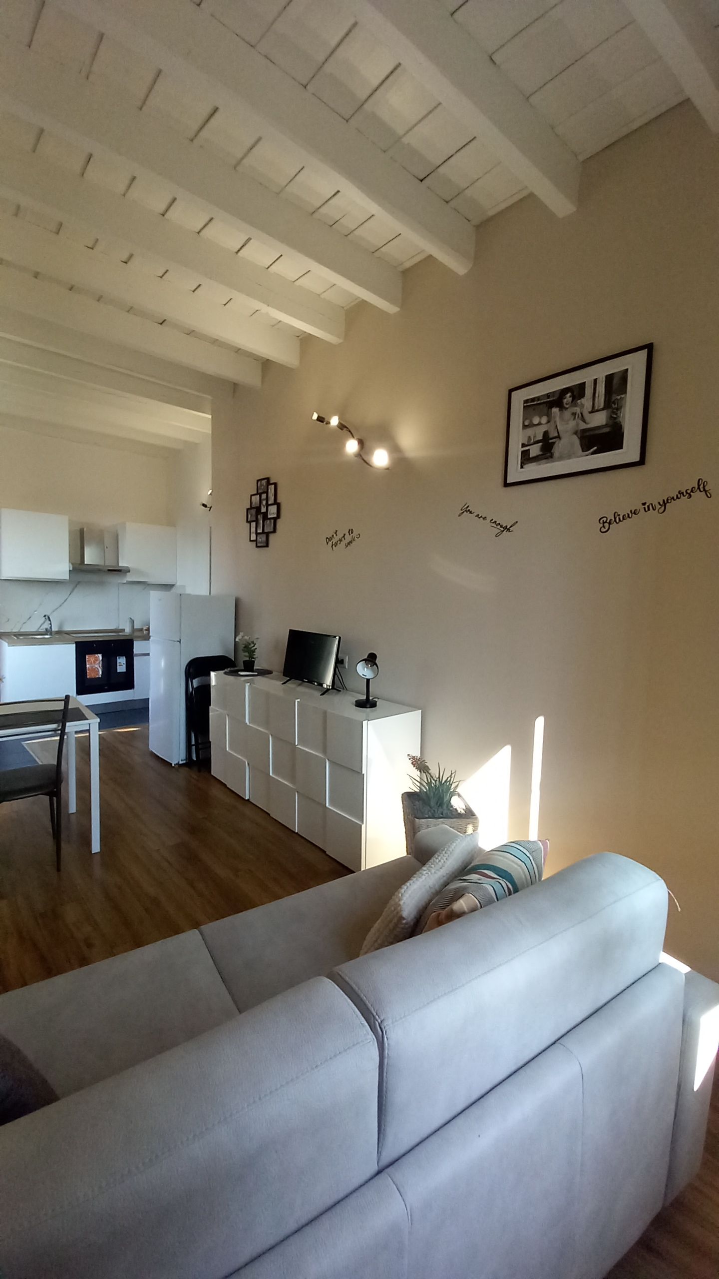 Un soggiorno moderno con un divano grigio, una zona pranzo con tavolo e sedie, una cucina con mobili bianchi e un soffitto con travi a vista.