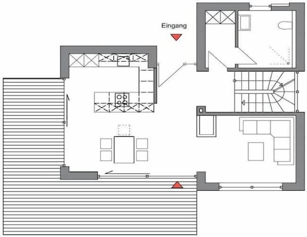 Een plattegrond met een keuken, eethoek en twee slaapkamers.