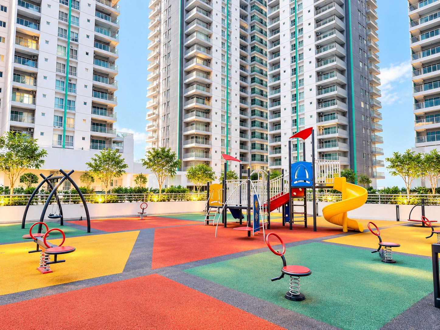 A playground with various play equipment, surrounded by tall residential buildings.