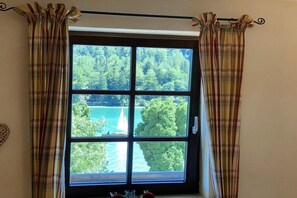 Ein Fenster mit Blick auf einen Wald und ein Gewässer.