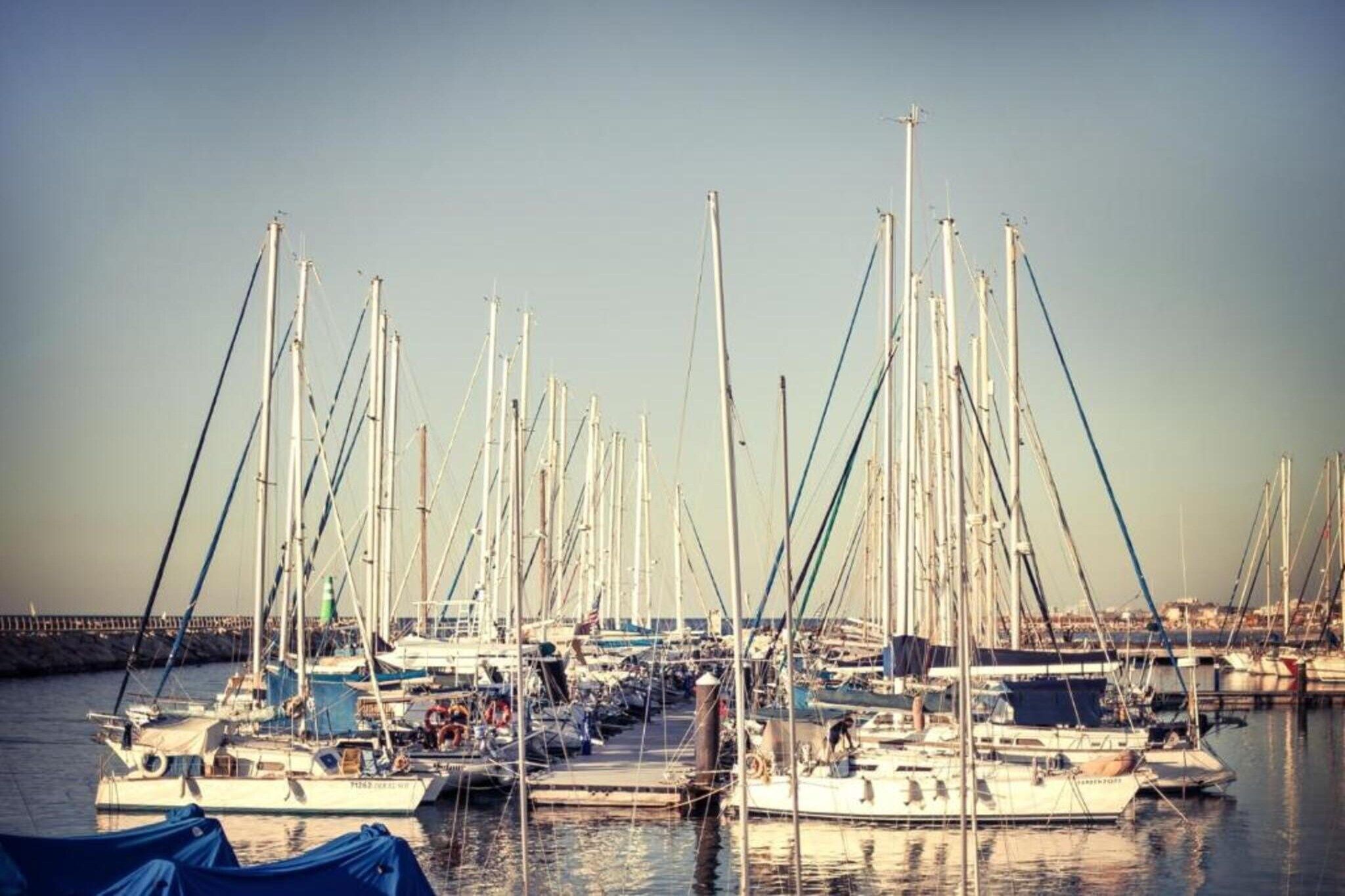 Un port de plaisance où sont amarrés de nombreux voiliers, une jetée en arrière-plan et une eau calme.