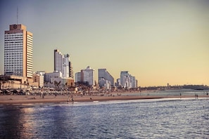 Eine Küstenstadt mit Hochhäusern und einem Strand.