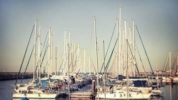 A marina with multiple sailboats docked at the pier.