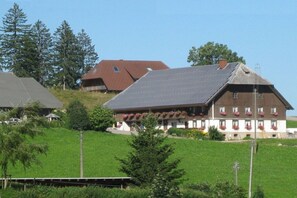 Ein traditionelles Chalet mit geneigtem Dach, umgeben von Grünflächen und Bäumen.