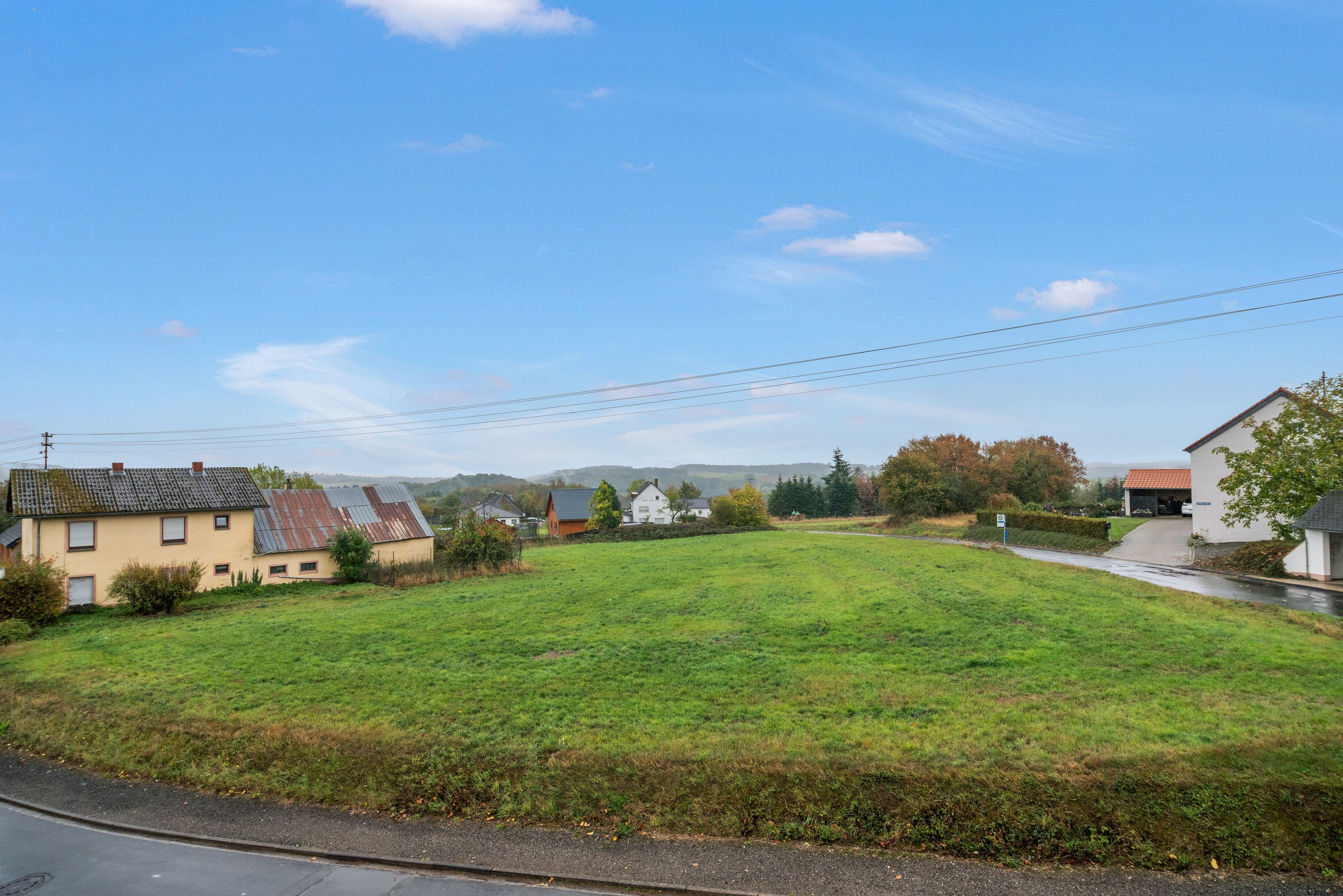 A rural landscape with houses, a grassy field, and a road.