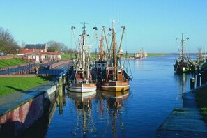 Un port amb diverses embarcacions de pesca amarrades al llarg d'un canal, un edifici petit a l'esquerra, i un cel serè.