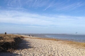 Ein Strand mit sandigem Ufer, einer grünen Fläche und blauem Himmel.