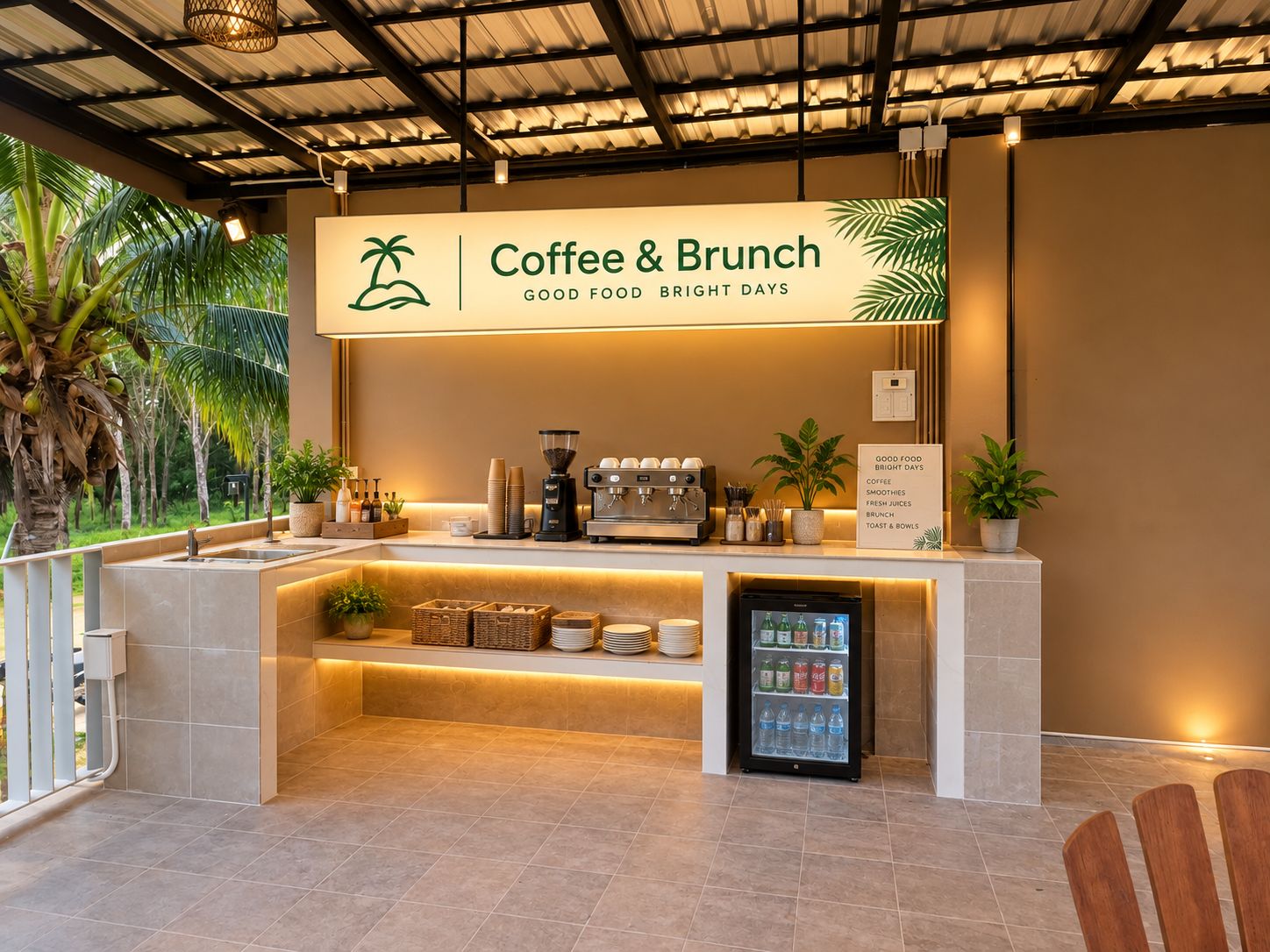 Estación de café y brunch con un letrero, una máquina de café, un refrigerador para bebidas y una barra con varios artículos.