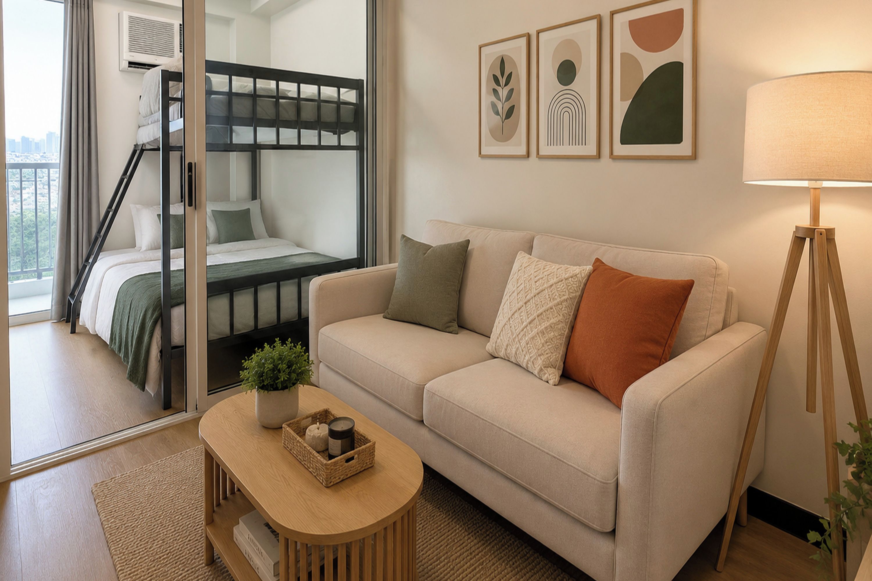 A modern living room with a sofa, a coffee table with decorative items, a floor lamp, and a bunk bed.