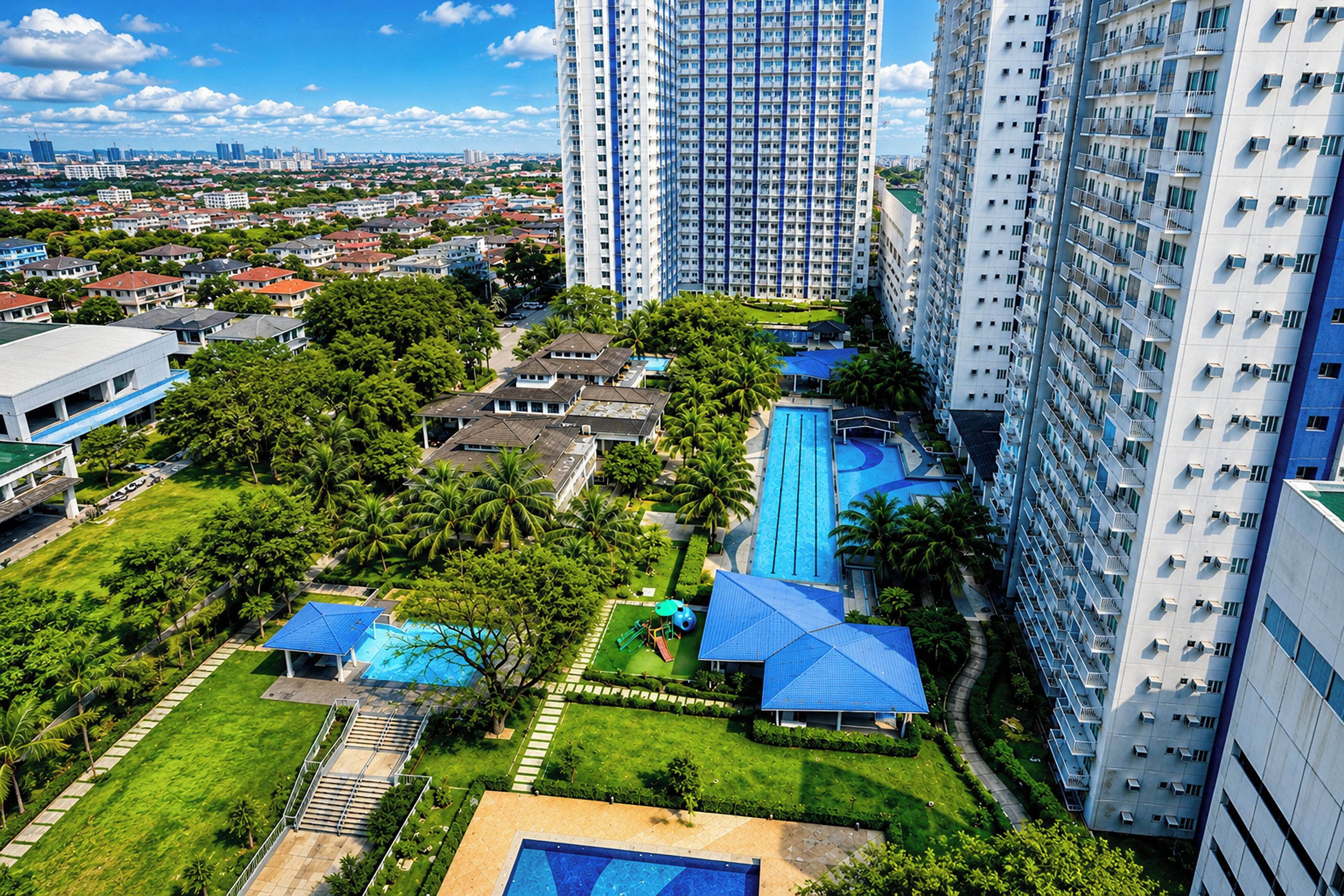 Un edificio residencial alto con varios balcones, una piscina y un jardín bien cuidado.
