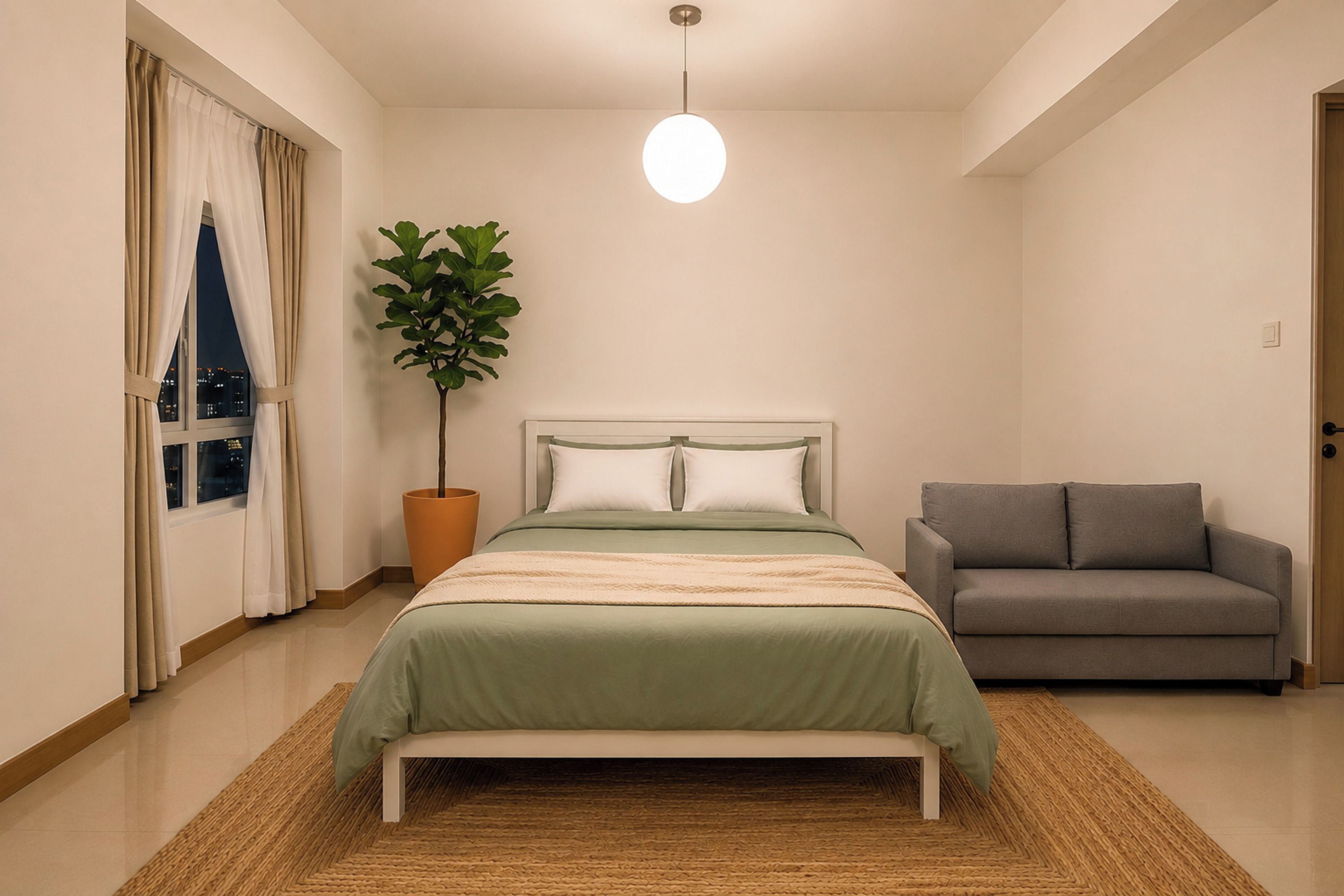 A bedroom with a bed, a potted plant, a sofa, and a window with curtains.