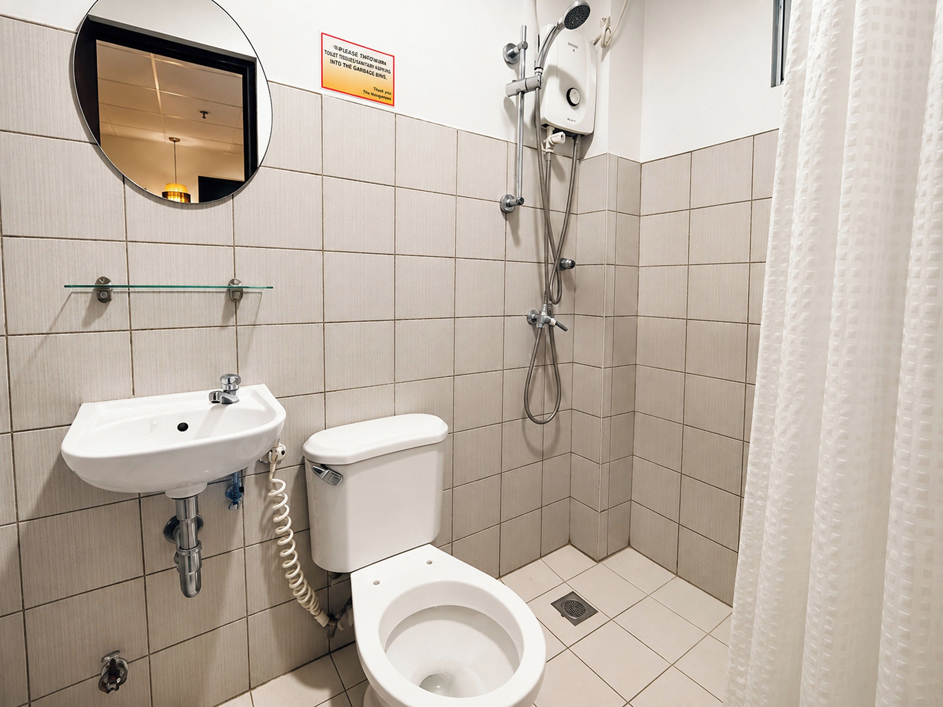 A bathroom with a toilet, sink, and shower.