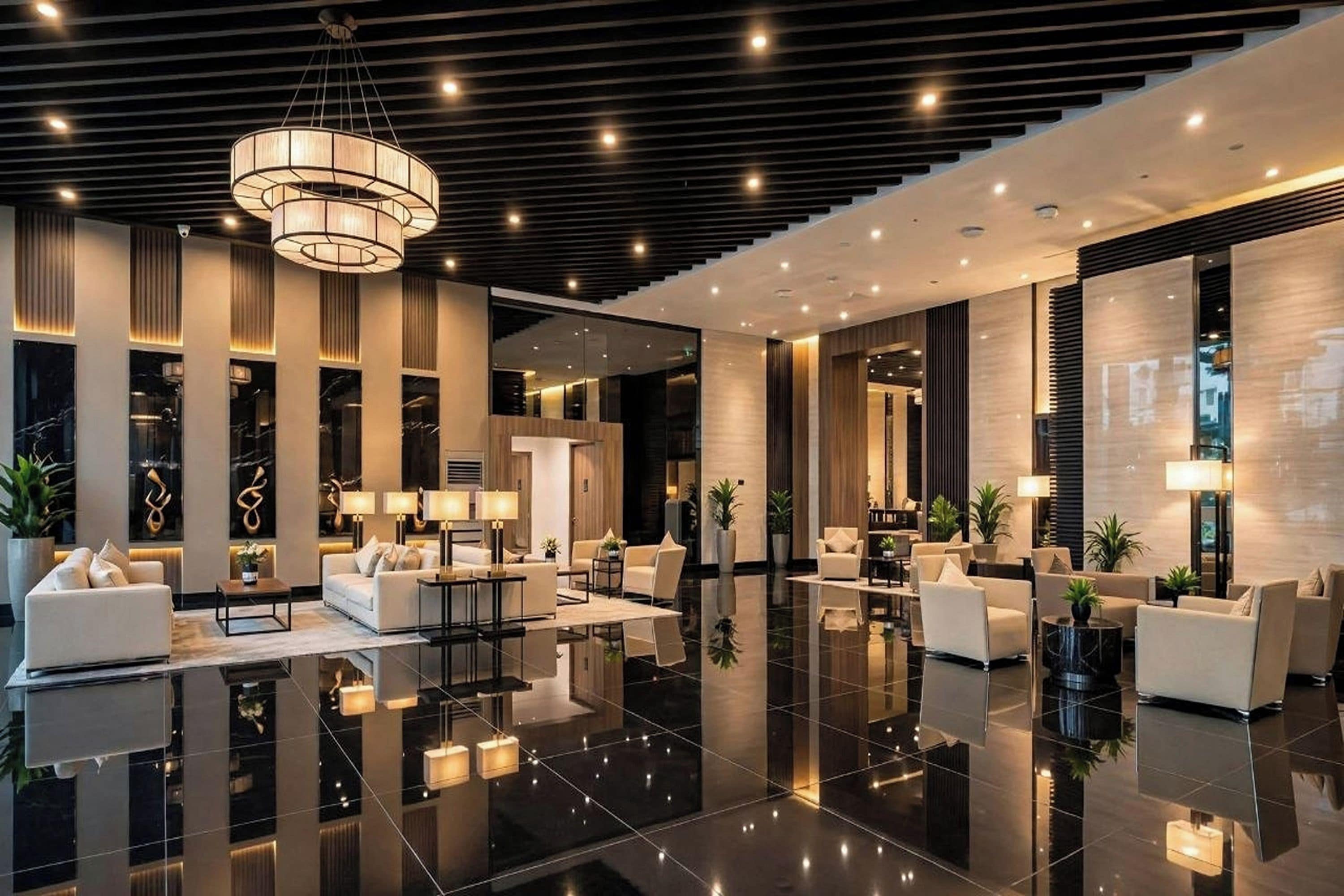 A modern hotel lobby with a polished floor, contemporary furniture, and a large chandelier.
