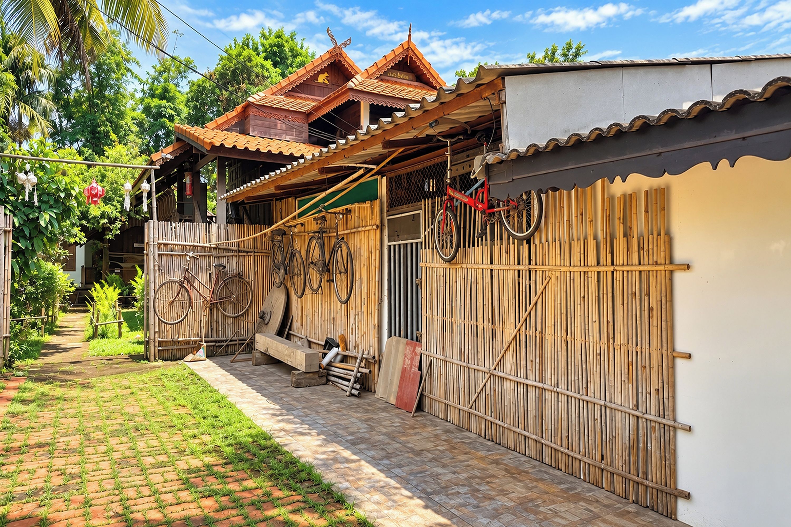 A traditional wooden house with a tiled roof, a bamboo fence, and bicycles parked outside.