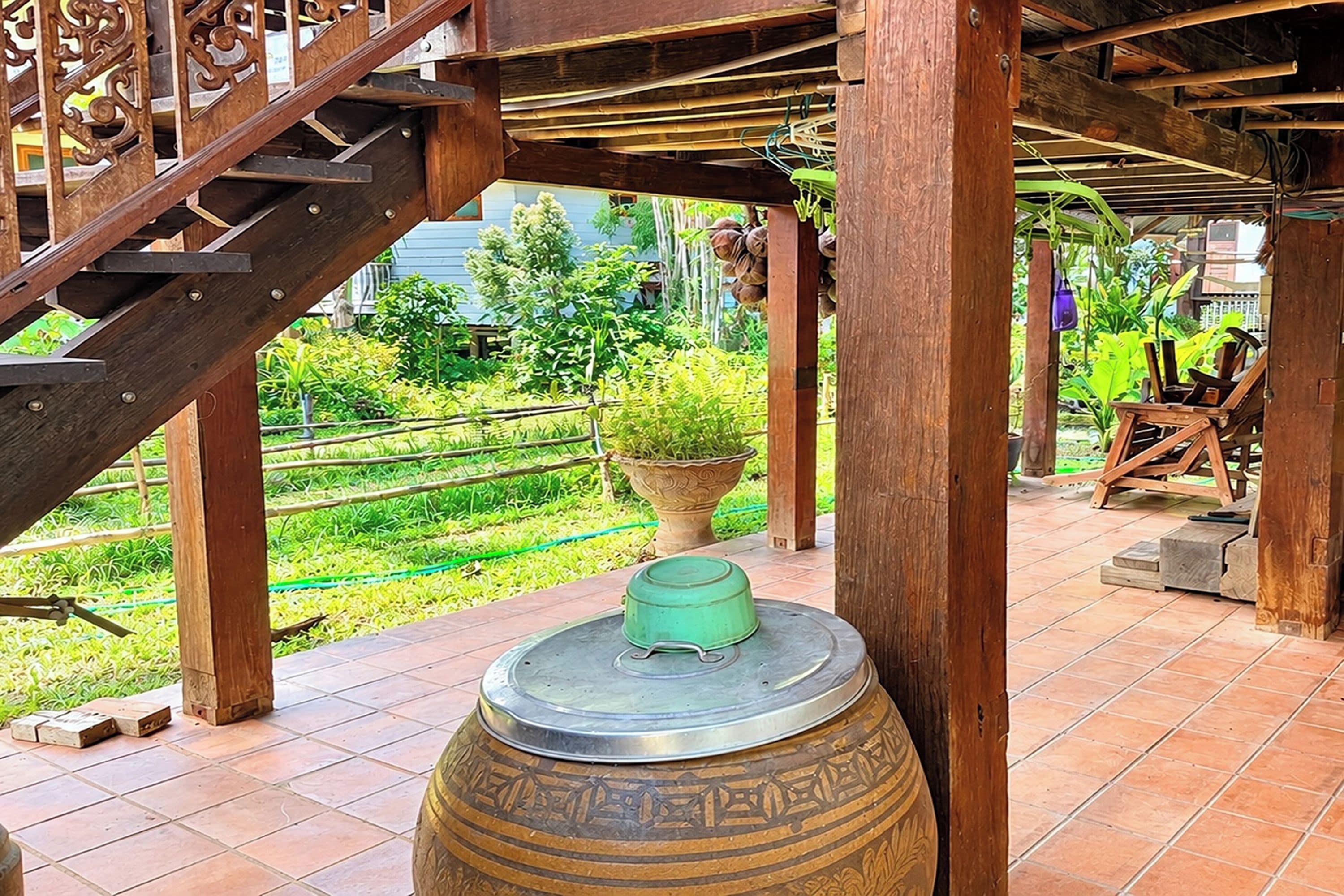 Un'area esterna riparata con una scala in legno, una grande pianta decorativa in vaso e una pianta in vaso.