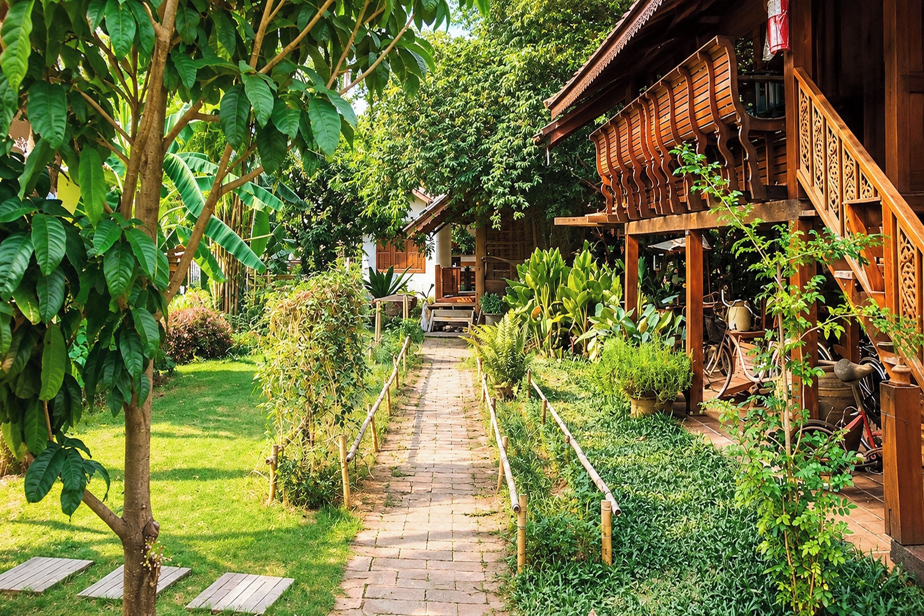 Un bâtiment en bois avec un sentier de jardin menant à une porte en bois.