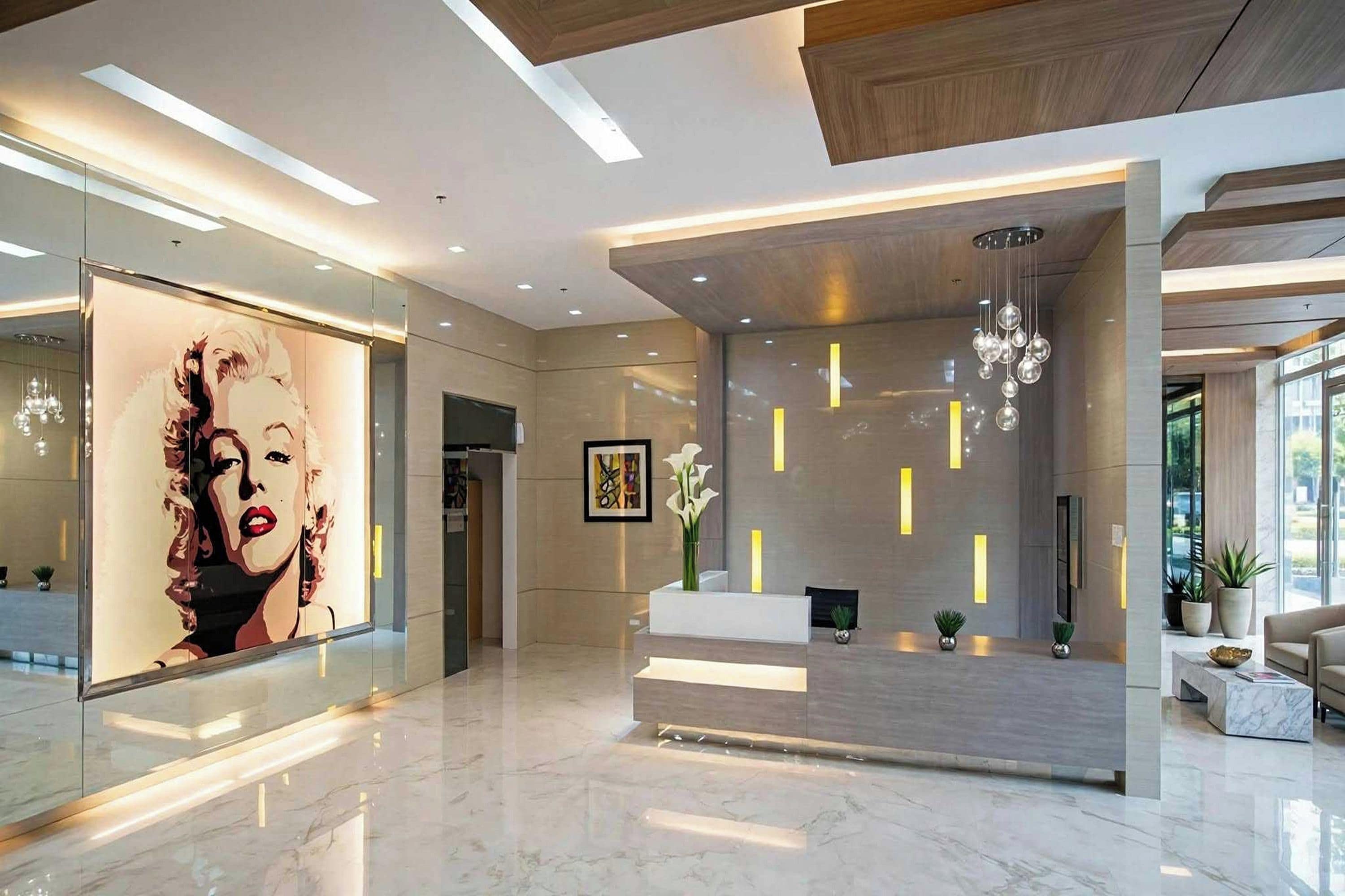 A modern lobby with a reception desk, a large artwork on the wall, and a chandelier.