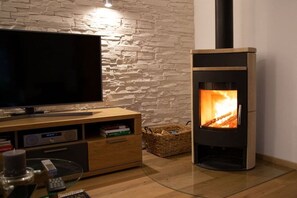 A modern living room with a stone wall, a flat-screen TV, a wooden entertainment unit, and a wood-burning stove. - Holiday apartment with 1 bedroom (Hopfen am See)
