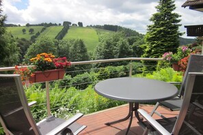 A terrace with a round table and chairs, surrounded by a metal railing, overlooking a green landscape with trees and a hill. - Holiday apartment with 2 bedrooms (St. Andreasberg)