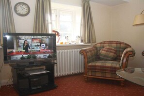 Ein Wohnzimmer mit Fernseher, einem Karoknock-Sessel, einer Heizung und einem Fenster mit Vorhängen.