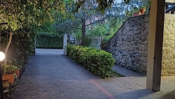 Un sendero pavimentado que conduce a la entrada de un edificio, bordeado por vegetación y muros de piedra.