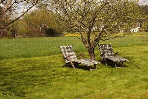 Two outdoor lounge chairs with checkered fabric, positioned on a grassy field with a tree in the background. - Holiday apartment with 2 bedrooms (Schwirzheim)