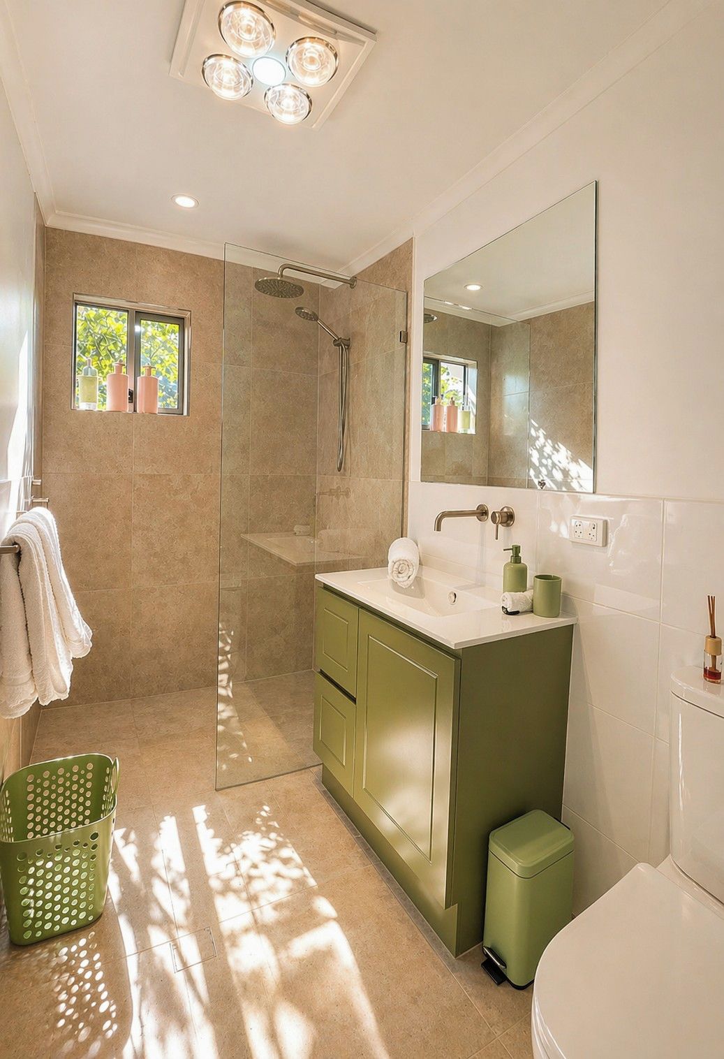 A modern bathroom with a walk-in shower, a sink with a mirror, and a toilet.