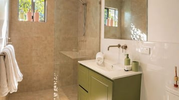 A modern bathroom with a walk-in shower, a sink with a mirror, and a toilet.