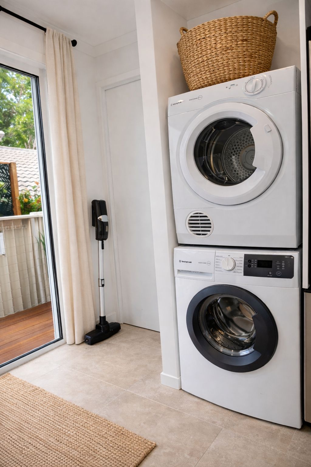 A laundry area with two stacked washing machines, a vacuum cleaner, and a wicker basket on top.