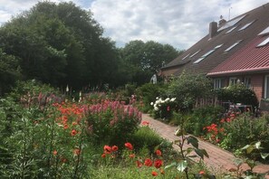 A garden with a variety of flowers and a pathway leading to a house with a red roof and skylights. - Holiday apartment with 1 bedroom (Carolinensiel)