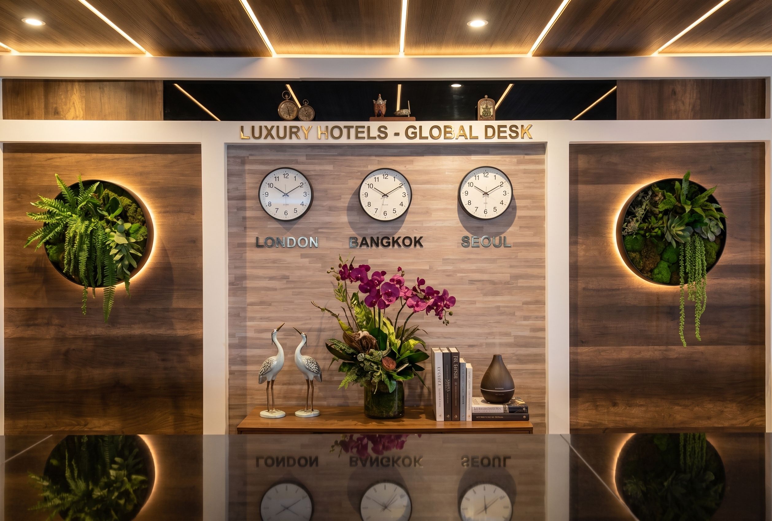 A reception desk with clocks, a plant, and a decorative bird statue.