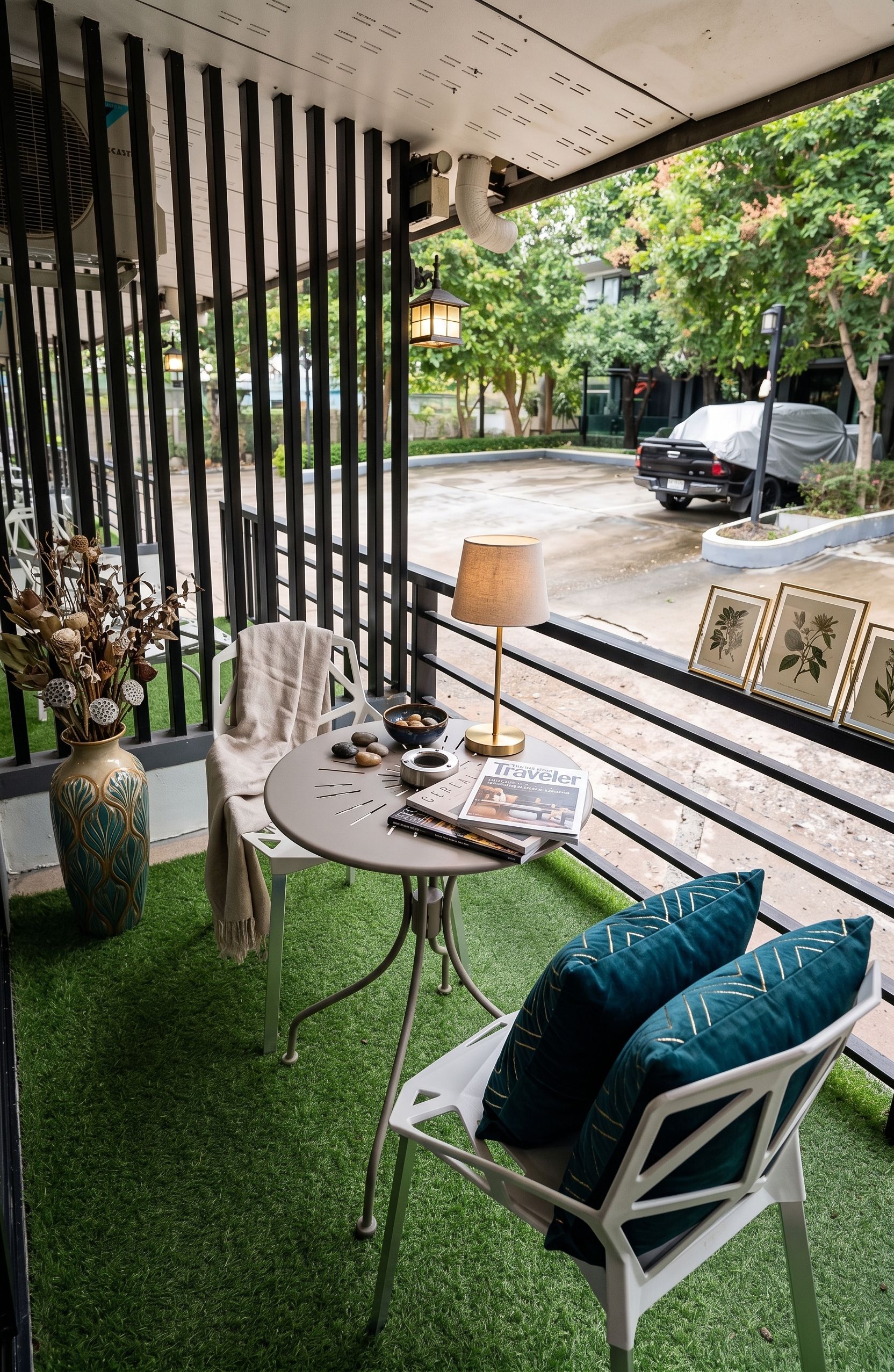 A balcony with a table, chairs, a lamp, and a vase with dried flowers.