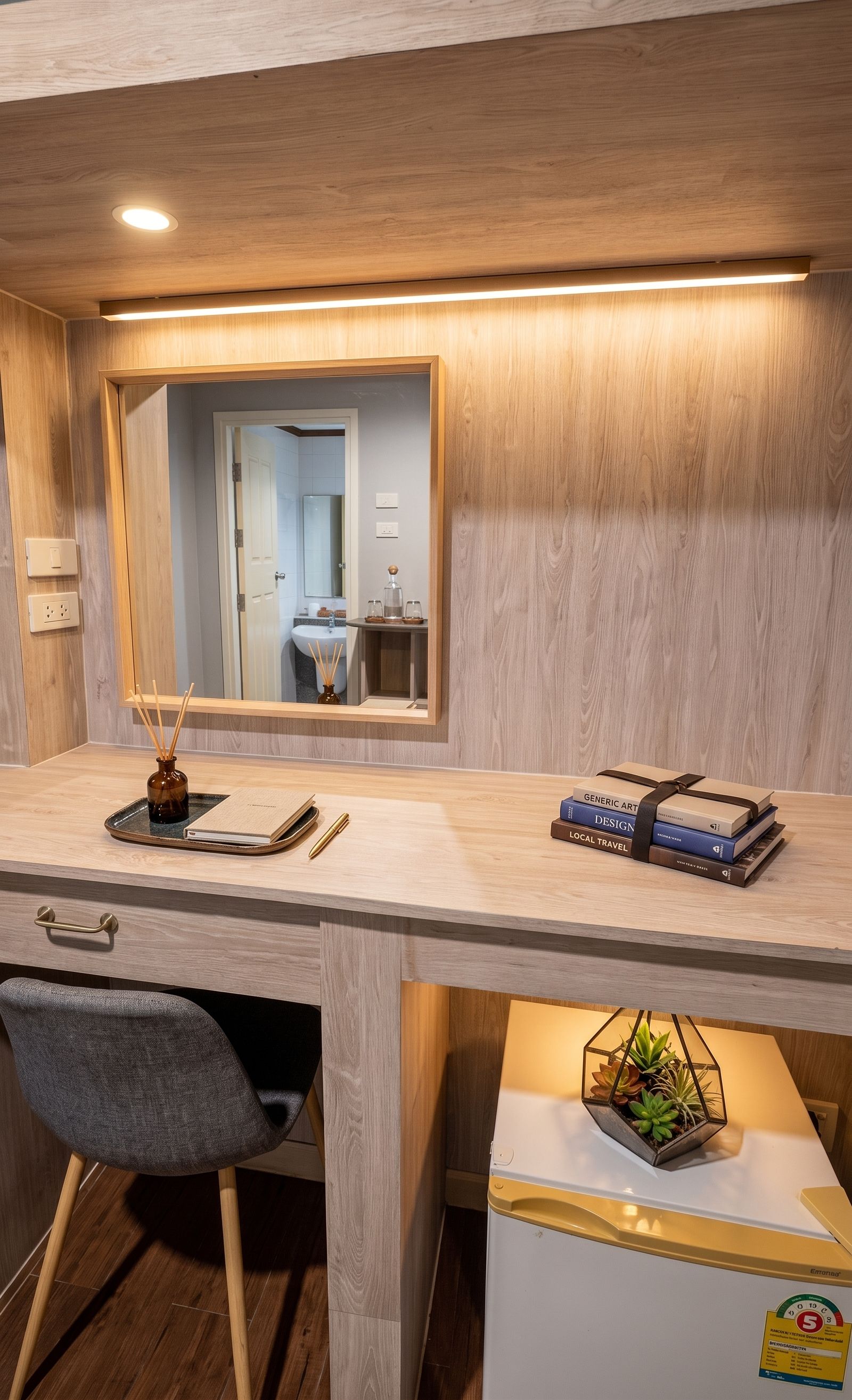 Een moderne kamer met een houten bureau, een stoel, een kleine koelkast en een spiegel.