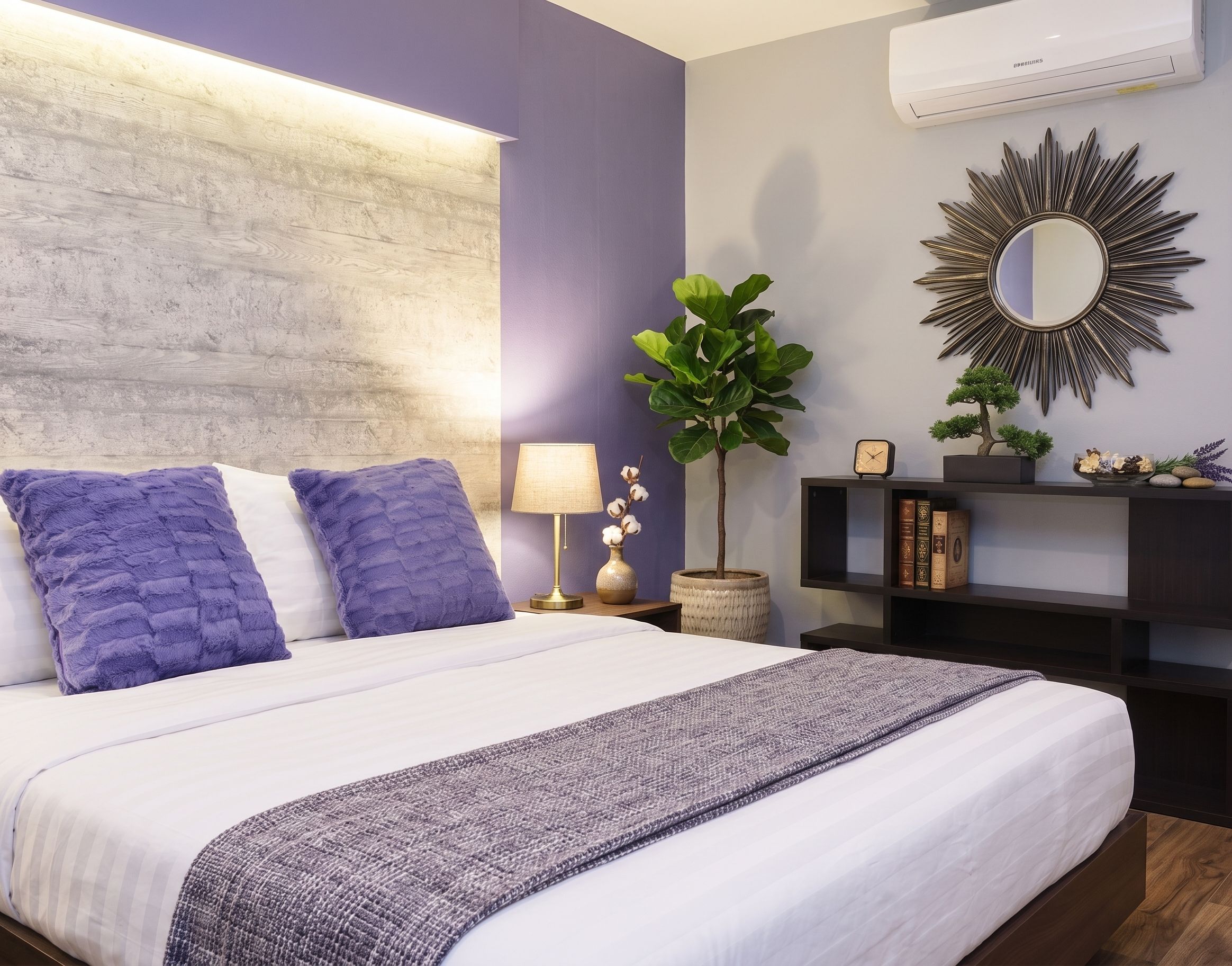 A modern bedroom with a bed, a nightstand, a lamp, a mirror, and a wall-mounted air conditioner.