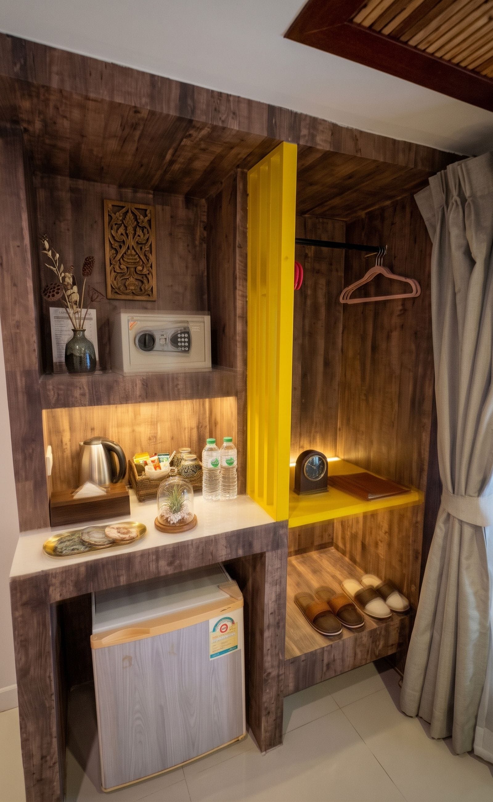 A room with a wooden wall, a yellow partition, and a hanging garment.