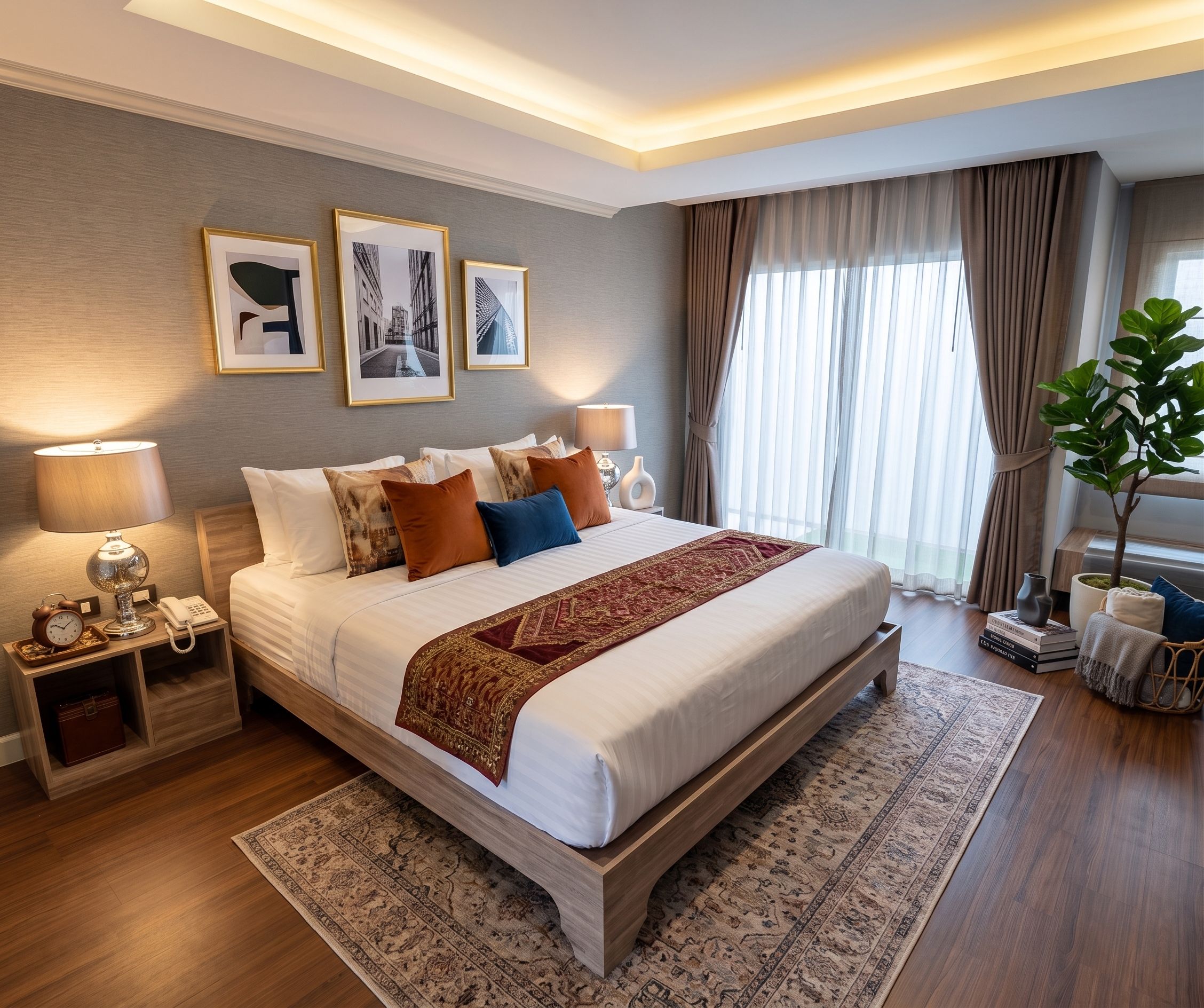 Una habitación de hotel moderna con una cama grande, lámparas de noche, una mesita de noche, una planta en maceta y cuadros en la pared.